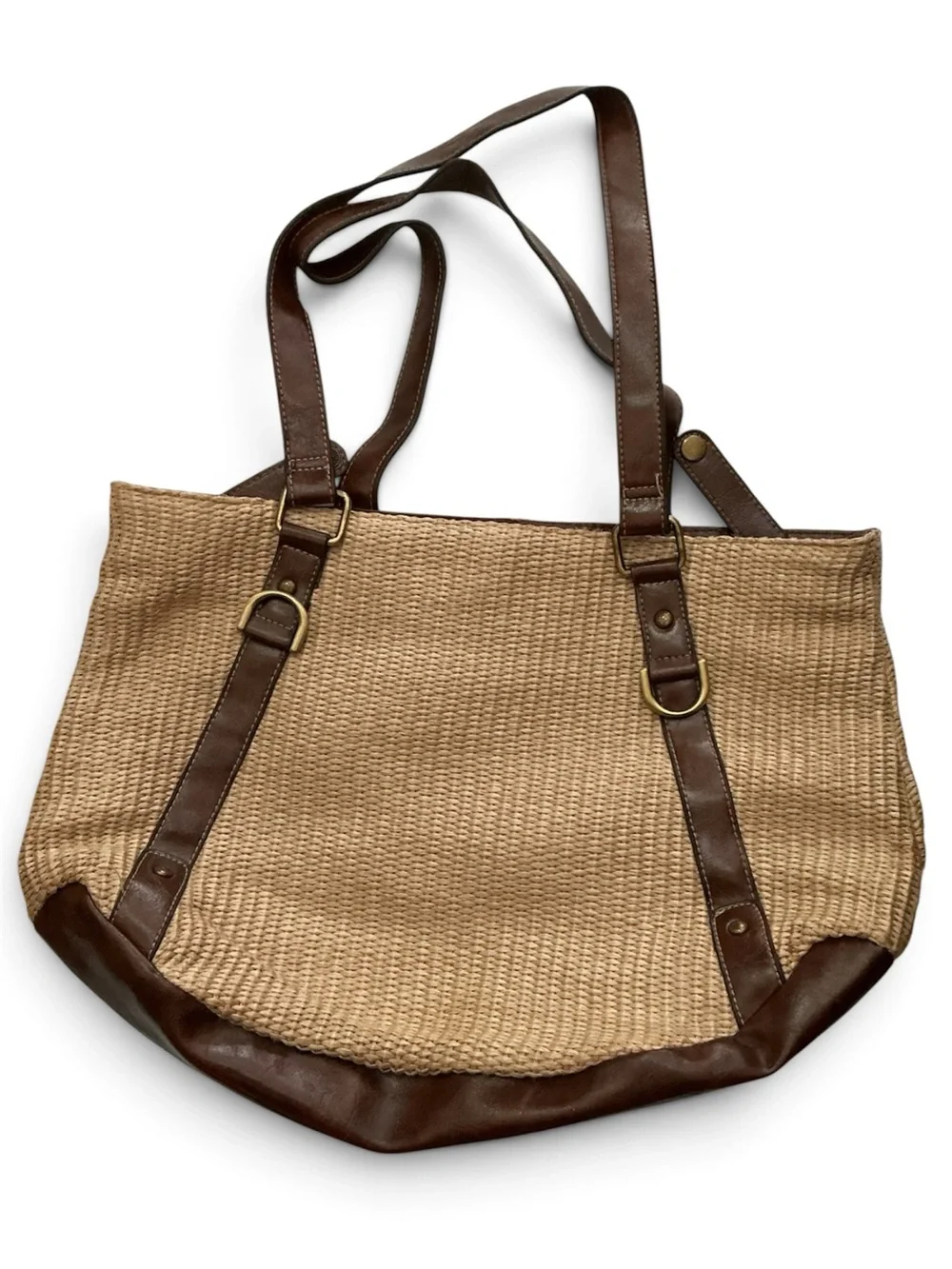 Woven Straw Tote Bag with Brown Leather Trim